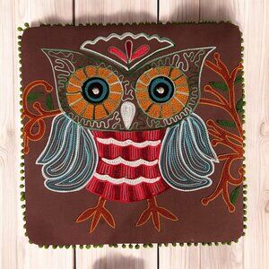Pier 1 Imports Embroidered Fabric‎ Owl Wall Art Pom Pom Trim Retro 70s Inspired